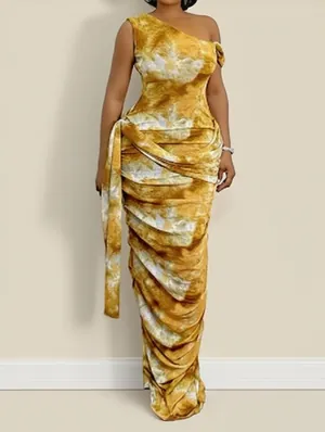 Ruched Inclined Shoulder Ribbons Maxi Dress
