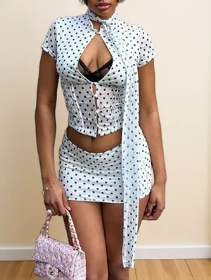 Polka Dots Gauze Lace-Up Cropped Skirt Sets