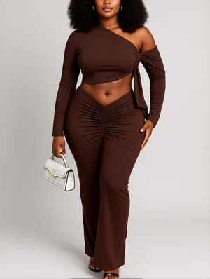 Inclined Shoulder Lace-Up Ruched Skirt Sets