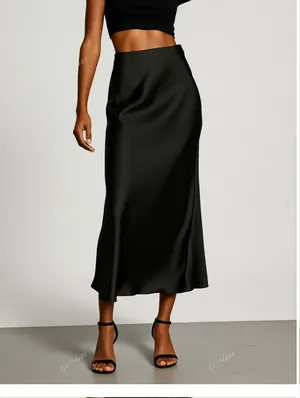 Elegant Solid Satin Midi Skirts