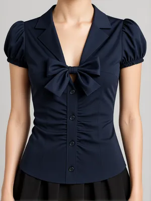 Patch V Neck Short Sleeve Design Tops