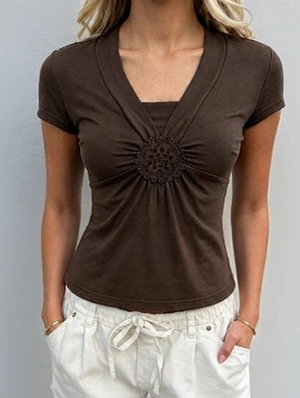 V Neck Short Sleeve Knitting Design Tops