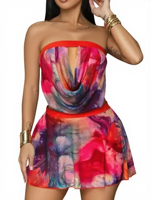 Colorblock Lace-Up Tube Skirt Sets