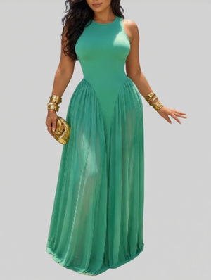 Plain Sleeveless Ruched A-line Maxi Dress