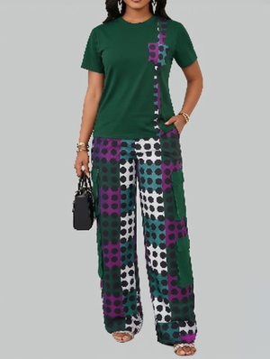 Contrast Color Short Sleeve Tee Pant Sets