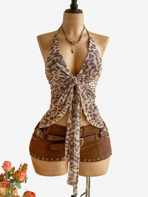 Leopard Halter Backless Ribbons Tanks