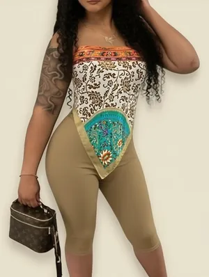 Contrast Printed Scarf Tube Capri Pants Sets