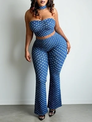 Polka Dots Tube Bodycon Flared Pant Sets