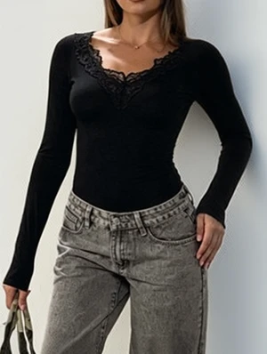 Lace Panel V Neck Long Sleeve Design Tops