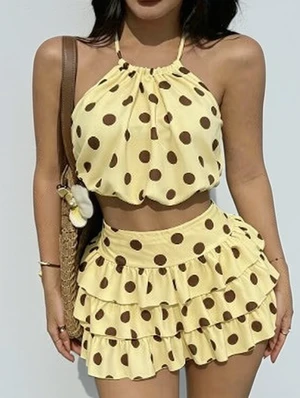 Polka Dots Halter Cropped Tiered Skirt Sets