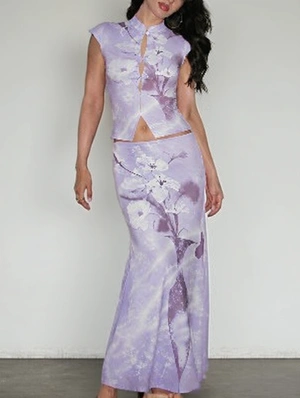 Floral Mandarin Collar Short Sleeve Skirt Sets