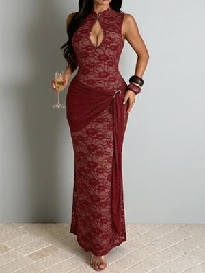 Stand Collar Lace Detail Hollow-out Sheath Dress