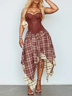 Sheer Corset Irregular Plaid Skirt Sets