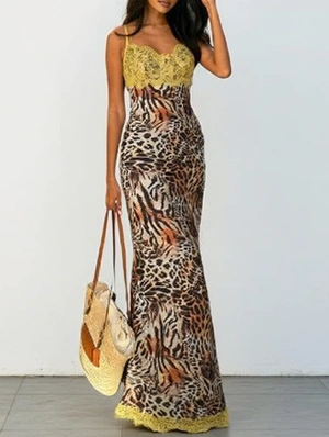Leopard Sleeveless Lace Panel Maxi Dress