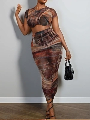 Abstract Printed Sheer Cropped Skirt Sets