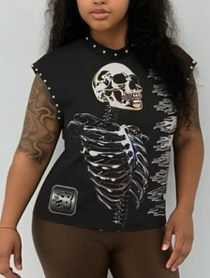 Skull Letter Printed Rivet Loose  Tanks