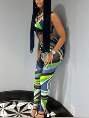 Colorblock Printed Bodycon Cropped Pant Sets