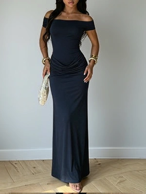 Pure Color Split Hem Off Shoulder Short Sleeve Dress