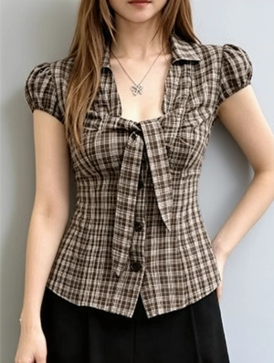 Patch Square Neck Puff Sleeve Design Tops