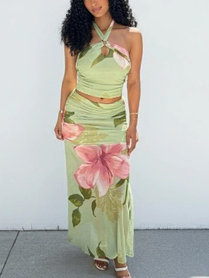 Floral Halter Backless Ruched Skirt Sets