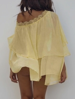 Lace Panel Asymmetrical Ruffle Tops