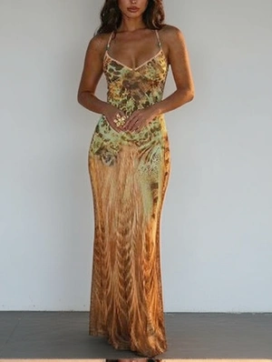 Leopard Beading Halter Tie-wrap Maxi Dress