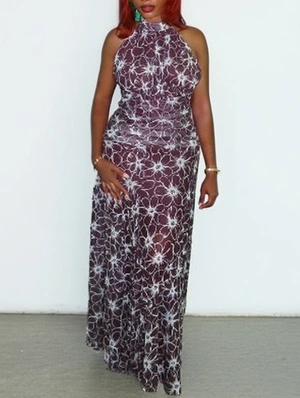 Floral Halter Backless Lace-Up Maxi Dress