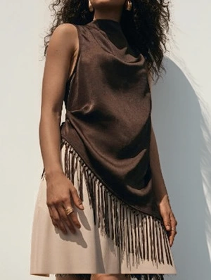 Satin Plain Color Fringe Zipper Tanks
