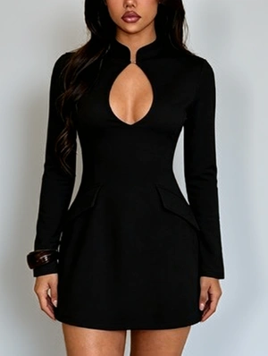 Hollow-out Stand Collar Sheath Dress