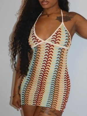 Contrast Wave Halter V Neck Mini Dress