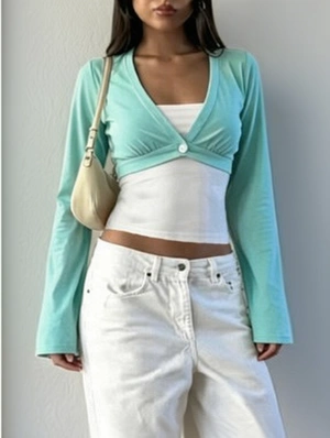 V Neck Long Sleeve Terylene Design Tops