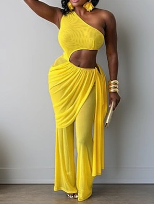 Ruched One Shoulder Ribbons Jumpsuits