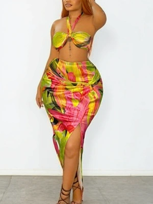 Colorblock Halter Tie-wrap Side Slit Skirt Sets