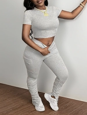 Solid Cropped Flare Leg Stacked Pant Sets