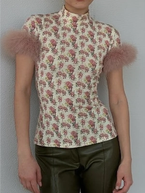 Disty Floral Printed Fake Fur Mock Neck Tops