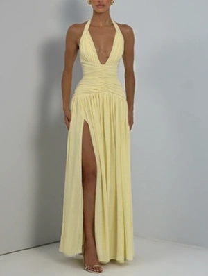 Halter V Neck Backless Split Hem Dress