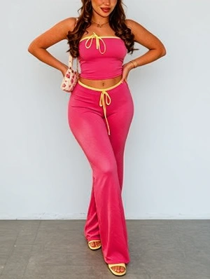 Contrast Lace-Up Bow Tube Flared Pant Sets