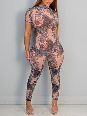 Floral Gauze Sheer Backless Fitted Jumpsuits
