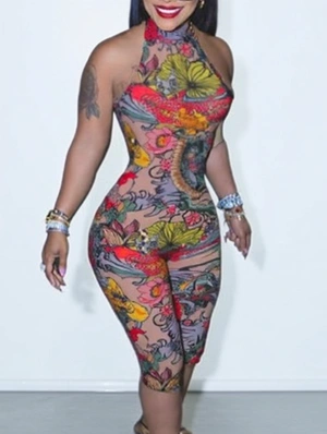 Dragon Printed Backless Lace-Up Rompers