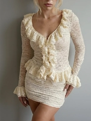 Lace Ruffle Low‑Cut Cardigan Skirt Set