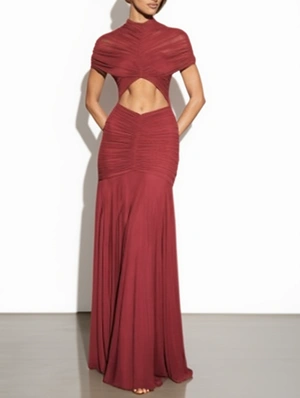 Ruched High‑Waist Cut‑Out Evening Gown