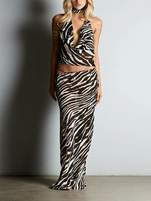 Zebra Halter Backless Lace-Up Skirt Sets