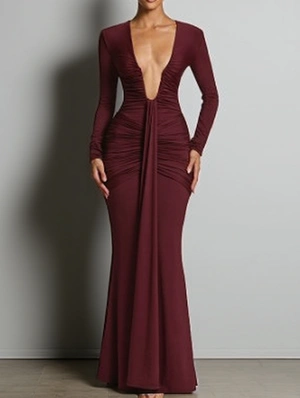 Deep‑V Draped Mermaid Long‑Sleeve Dress