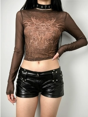 Gothic Print Long‑Sleeve Sheer Tee