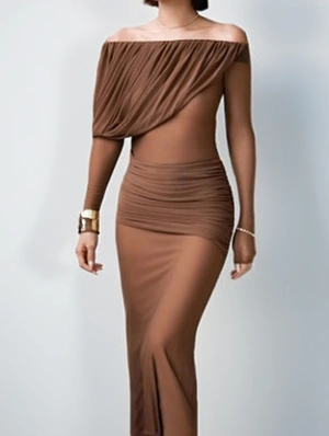 Ins Off‑Shoulder Backless Sheer Maxi Dress