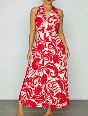 Floral V Neck Backless Waist Tie Maxi Dress