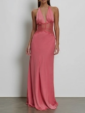 Satin Patchwork Deep‑V Halter Maxi Dress