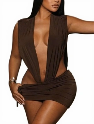 Deep V Neck Bodysuits Ruched Skirt Sets