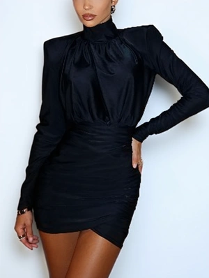 High Neck Ruched Long Sleeve Mini Dress