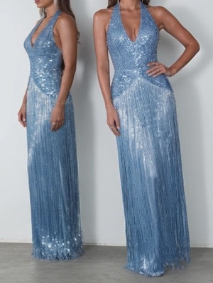 Sequin Tassel Halter Backless Maxi Dress